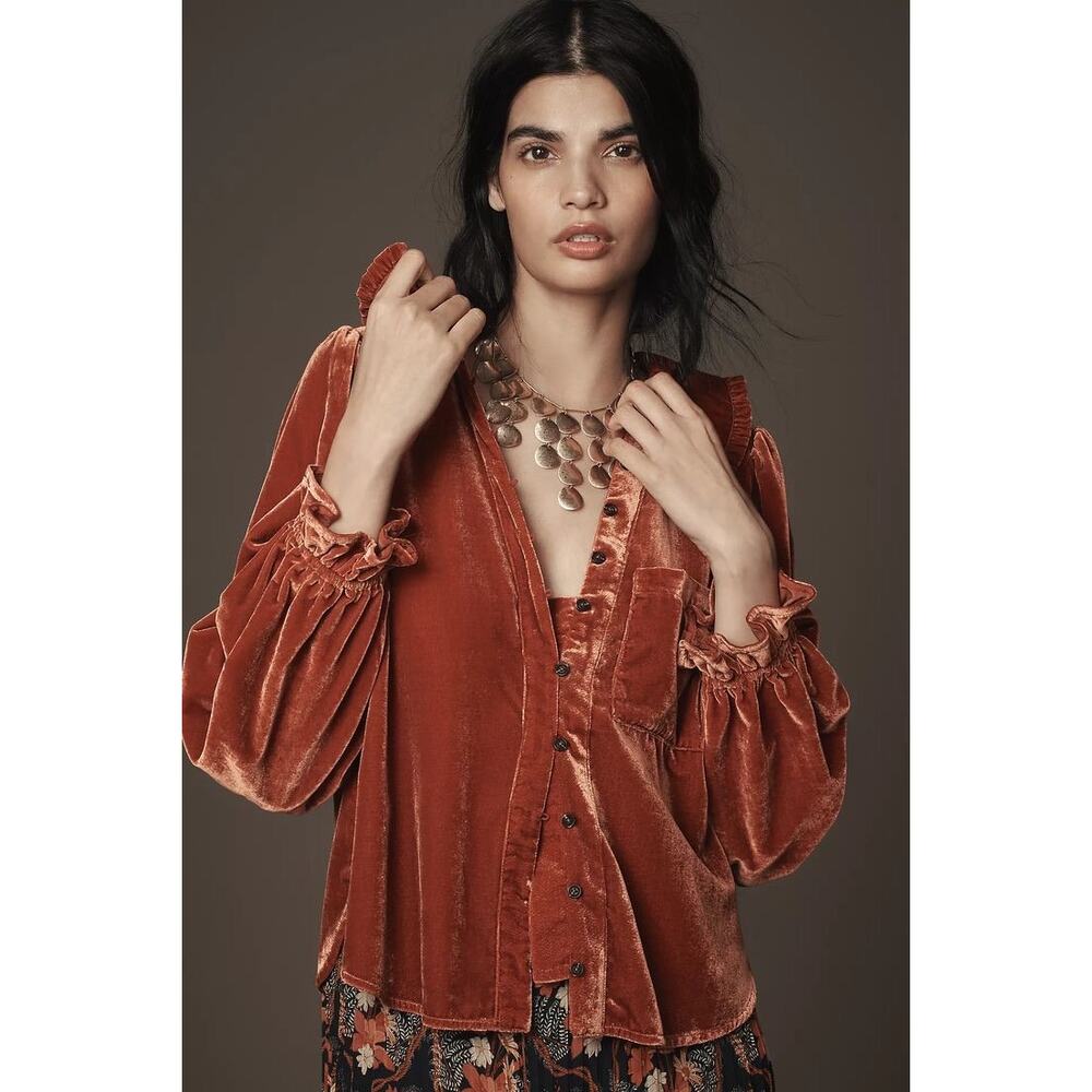 NWOT The Keira Collared Button-Front Blouse by Pilcro: Long-Sleeve Velvet